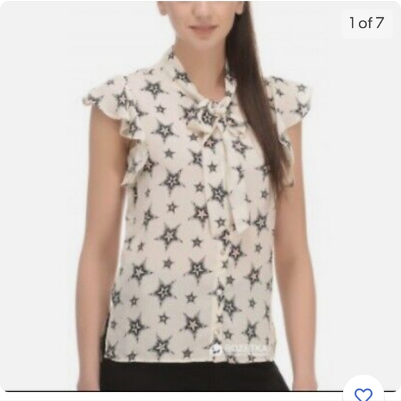 Zara Star Print Tie Neck Ruffle Sleeve Blouse - Picture 6 of 7